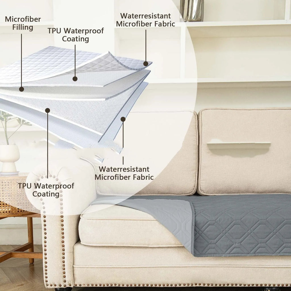Double-sided waterproof pet sofa cushion shown in dark grey and khaki colour options on a sofa.