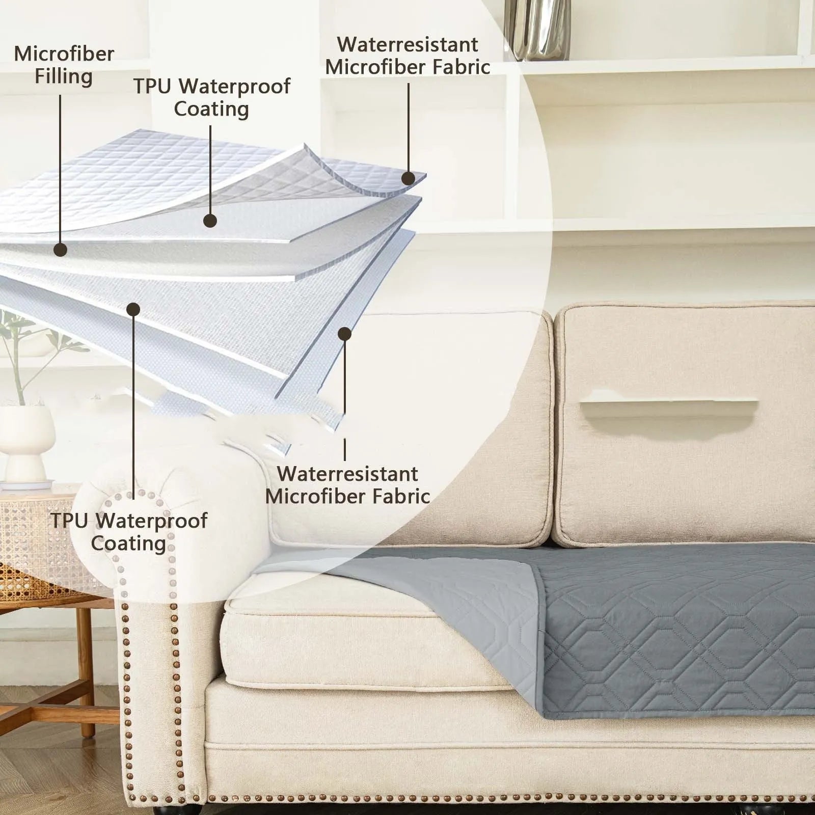 Double-sided waterproof pet sofa cushion shown in dark grey and khaki colour options on a sofa.