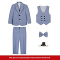 Boys' 5-piece suit set in beige, blue, or grey with coat, trousers, bow tie, vest, and brooch.