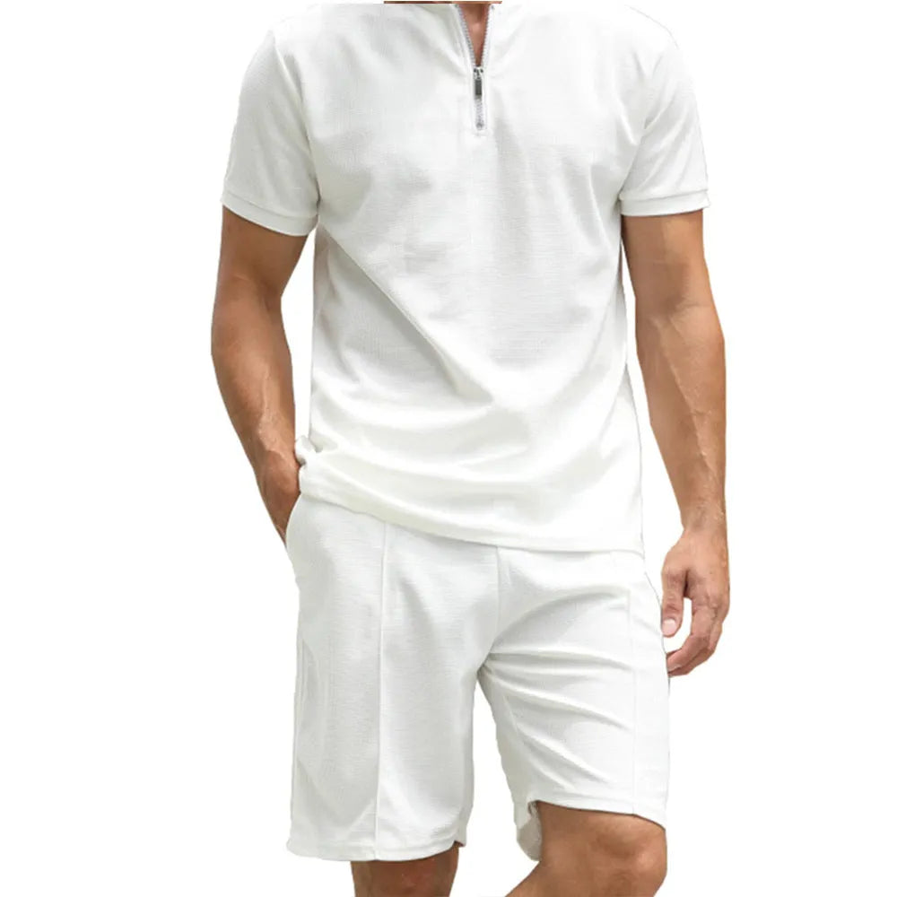 Men's solid colour polo shirt and trouser two-piece casual suit set.