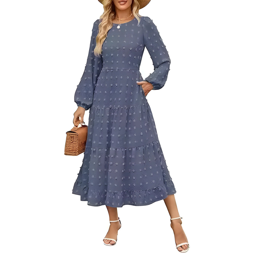 Beige women's high-waisted long sleeve dress with ruffled sleeves on a hanger.