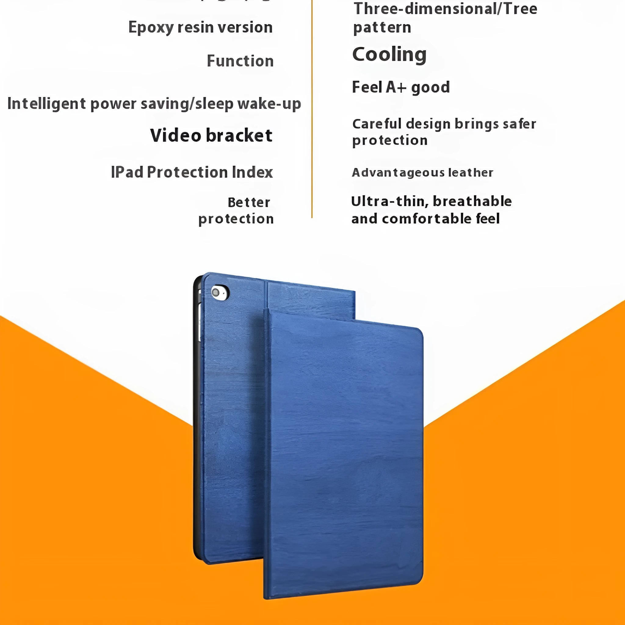 Universal iPad protective cover with built-in sleep bracket in imitation leather, available in sapphire blue and black colours