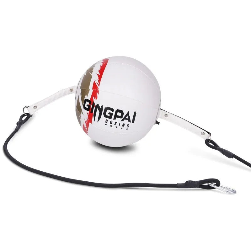 Black hanging boxing speed ball made of PU material for reaction training.