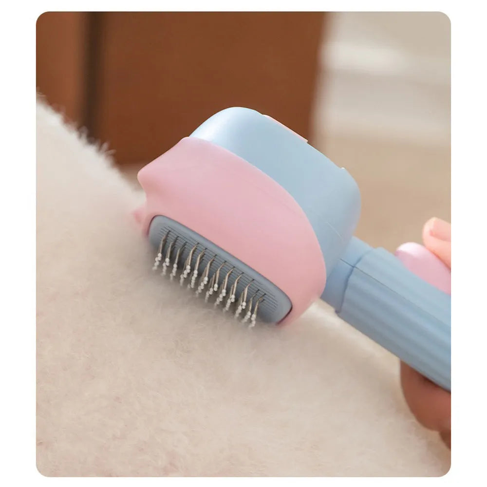 Blue and green pet grooming brush with a double-sided head for deshedding and dematting.