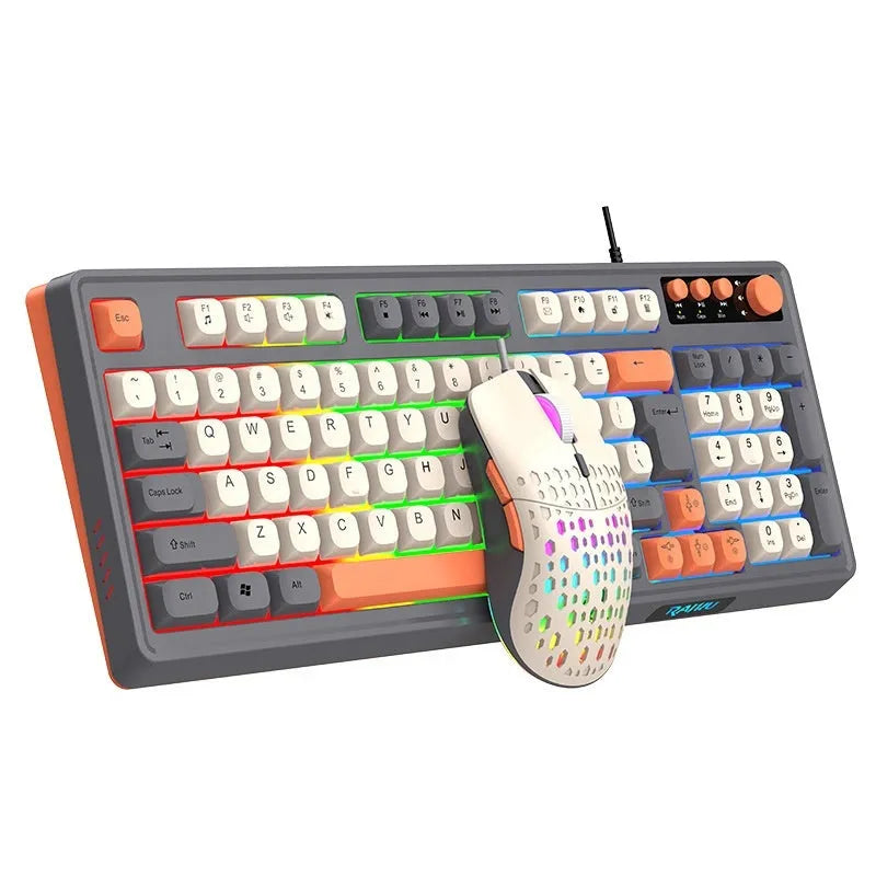 Wired gaming keyboard and mouse set in white and grey, mechanical feeling keyboard with photoelectric mouse