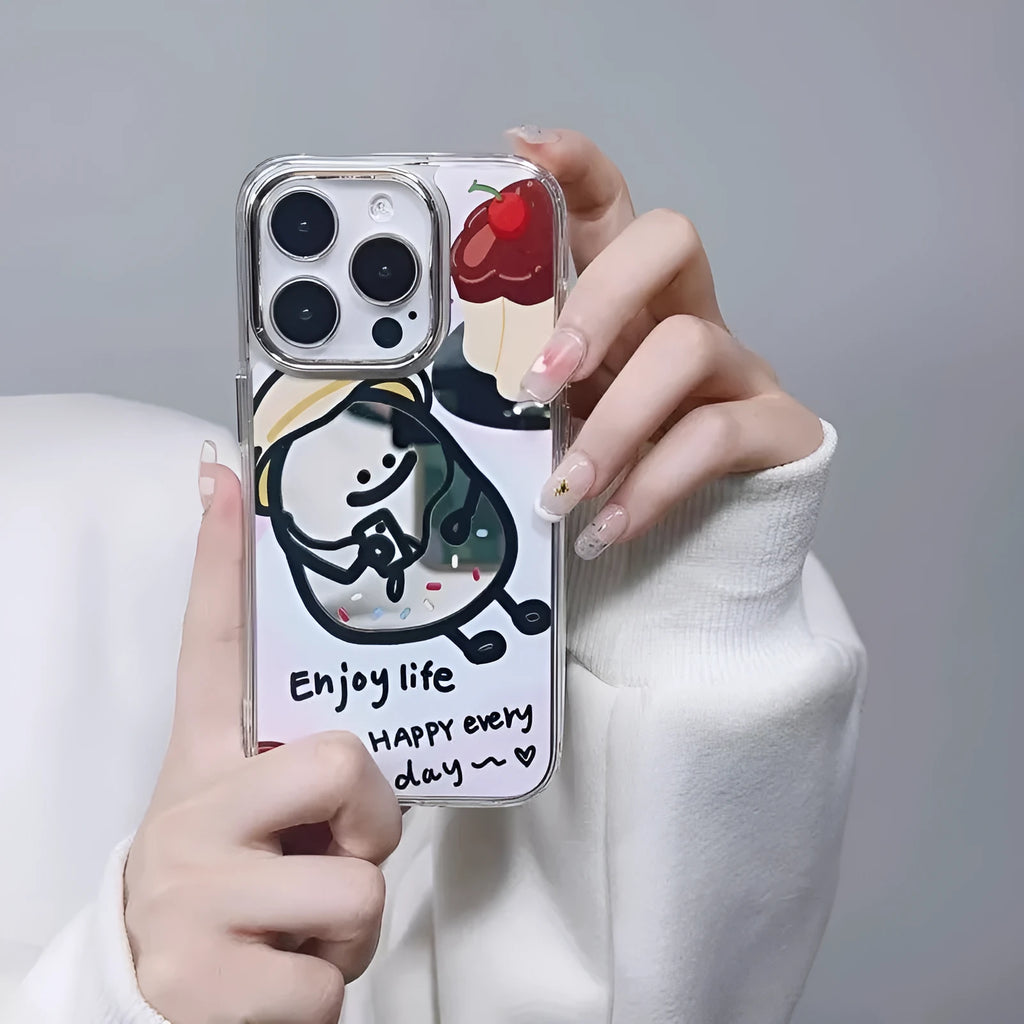 Fun potato chip cartoon villain mirror phone case for Apple iPhone with drop-resistant PC shell.