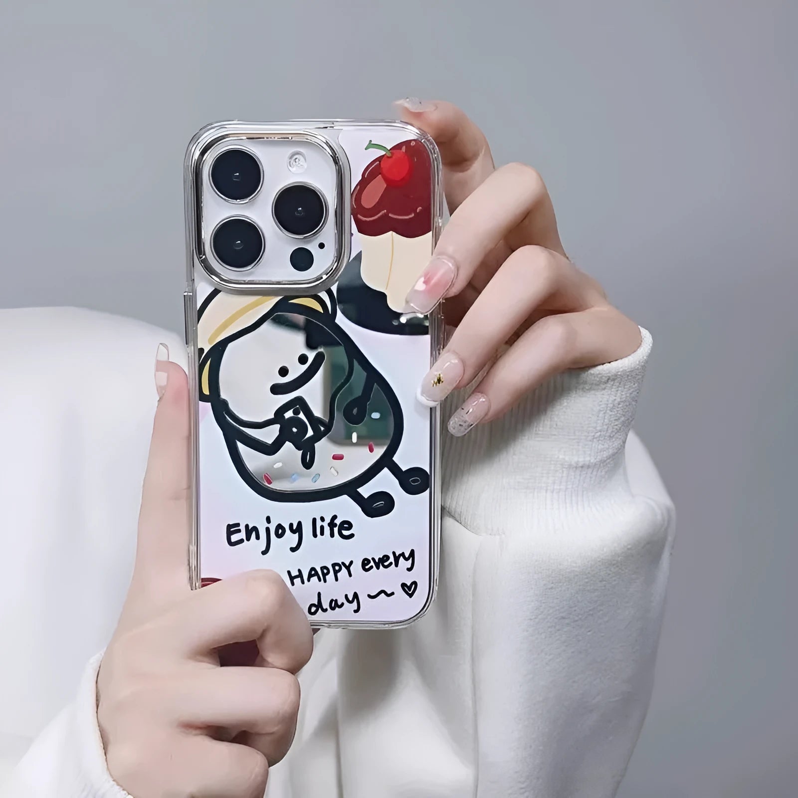 Fun potato chip cartoon villain mirror phone case for Apple iPhone with drop-resistant PC shell.