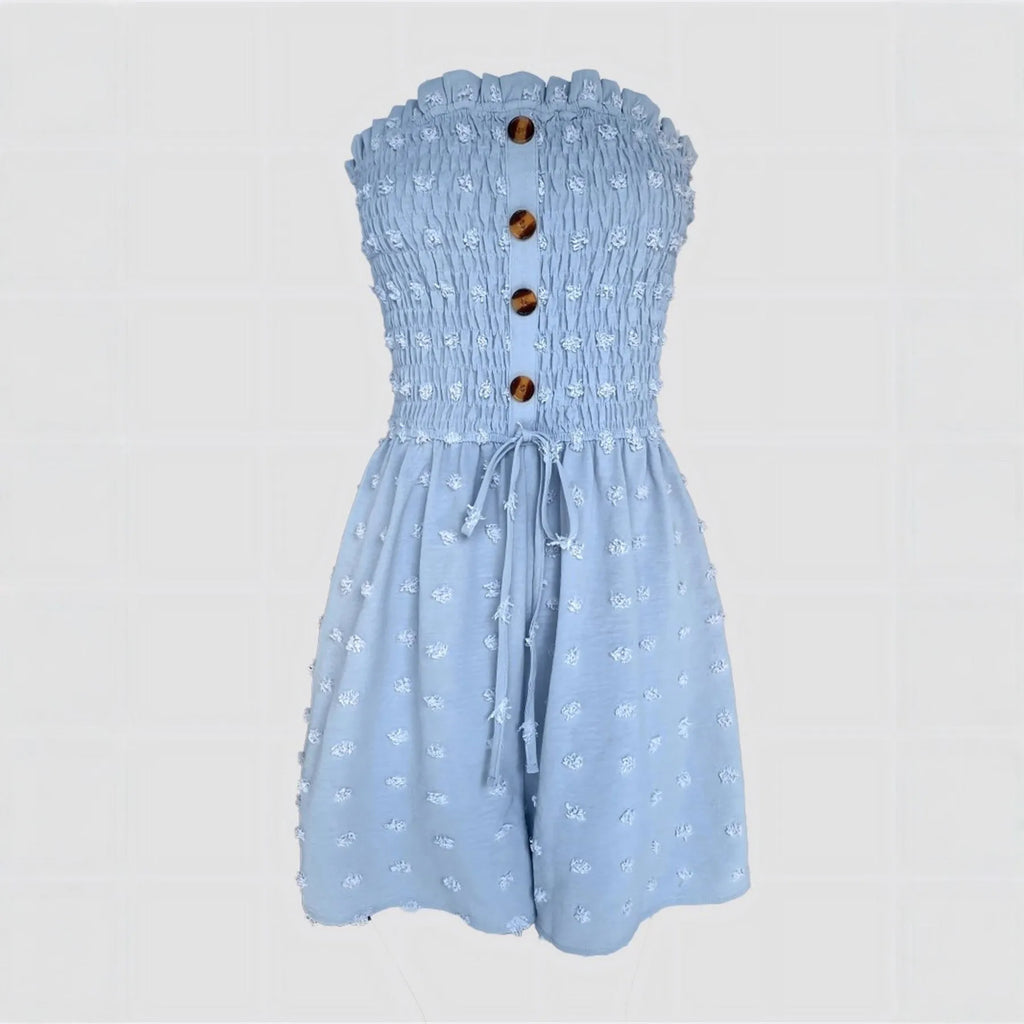 Blue off-shoulder sleeveless women's jumpsuit with button detail and cropped legs.