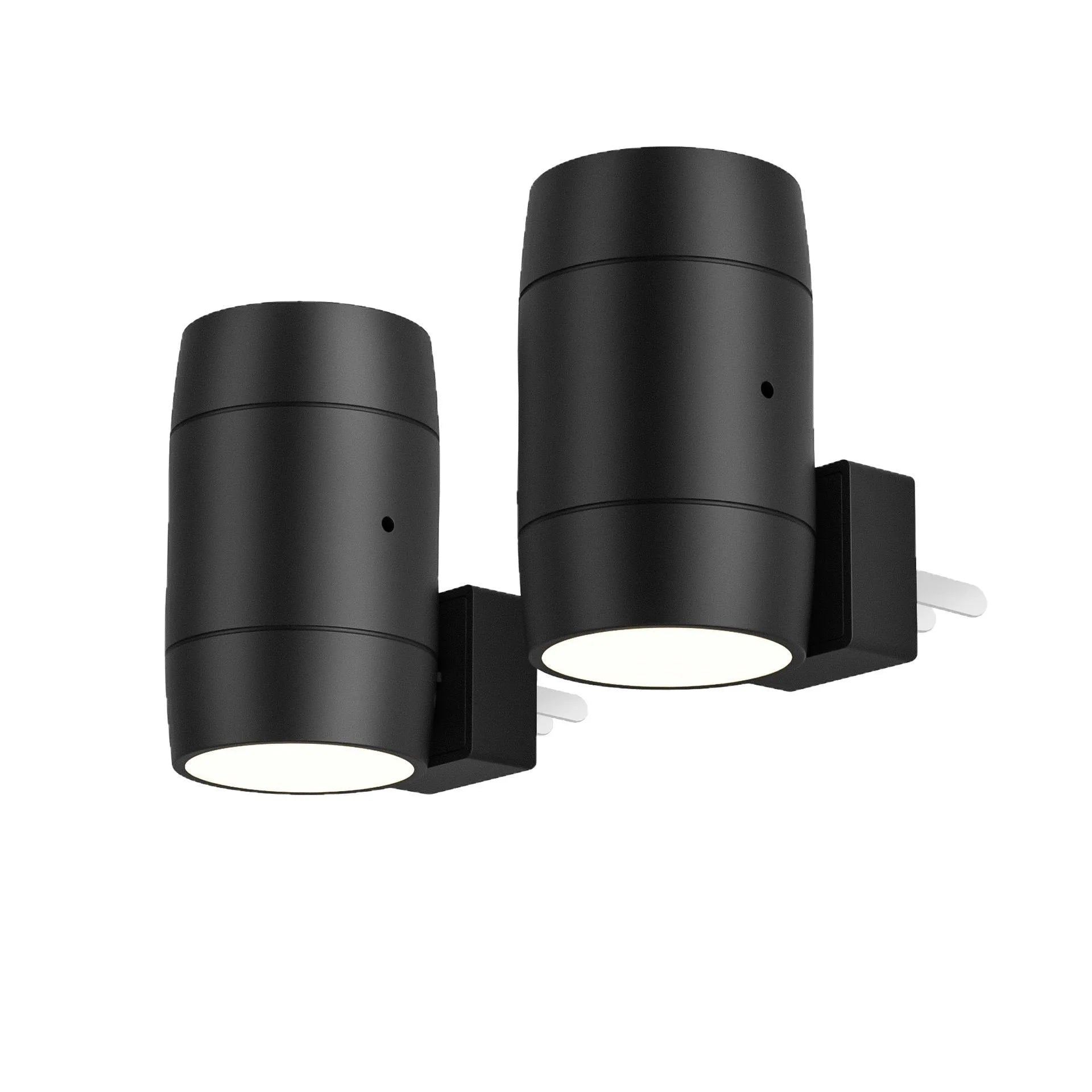 A small, white, direct plug-in night lamp with an adjustable and rotatable light head, shown plugged into a wall socket.