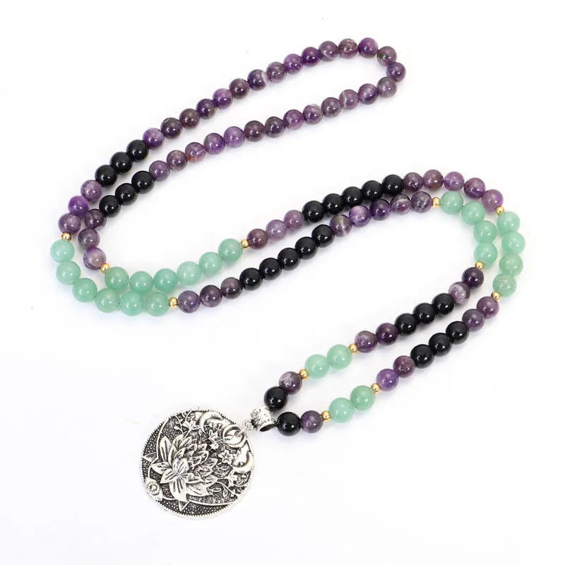 Yoga lotus pendant necklace and matching bracelet set with handmade stone beads