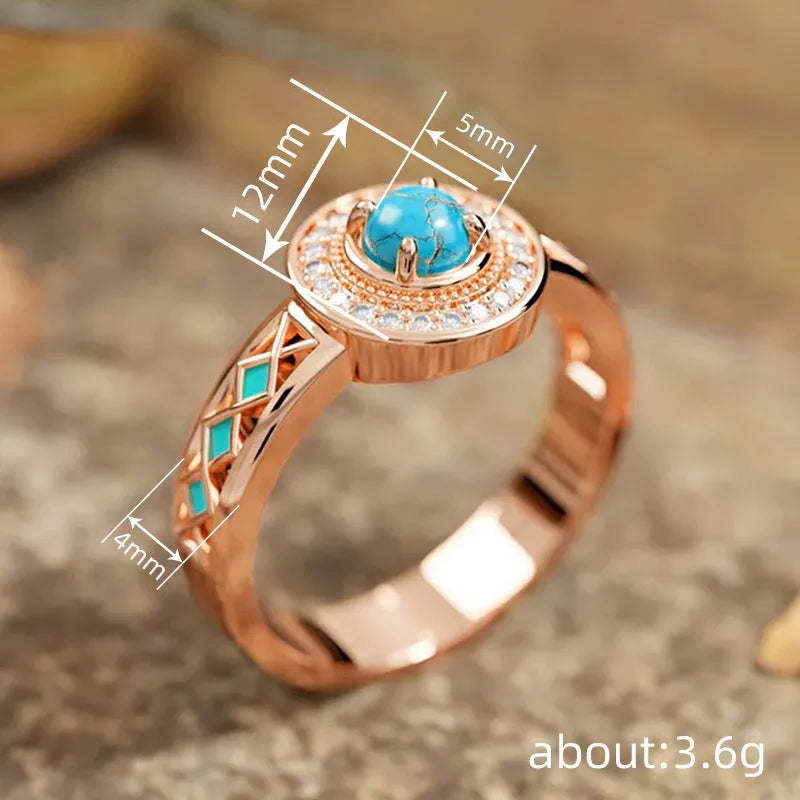 Women's geometric turquoise ring with zircon inlay on rose gold copper band, showing ethnic style design