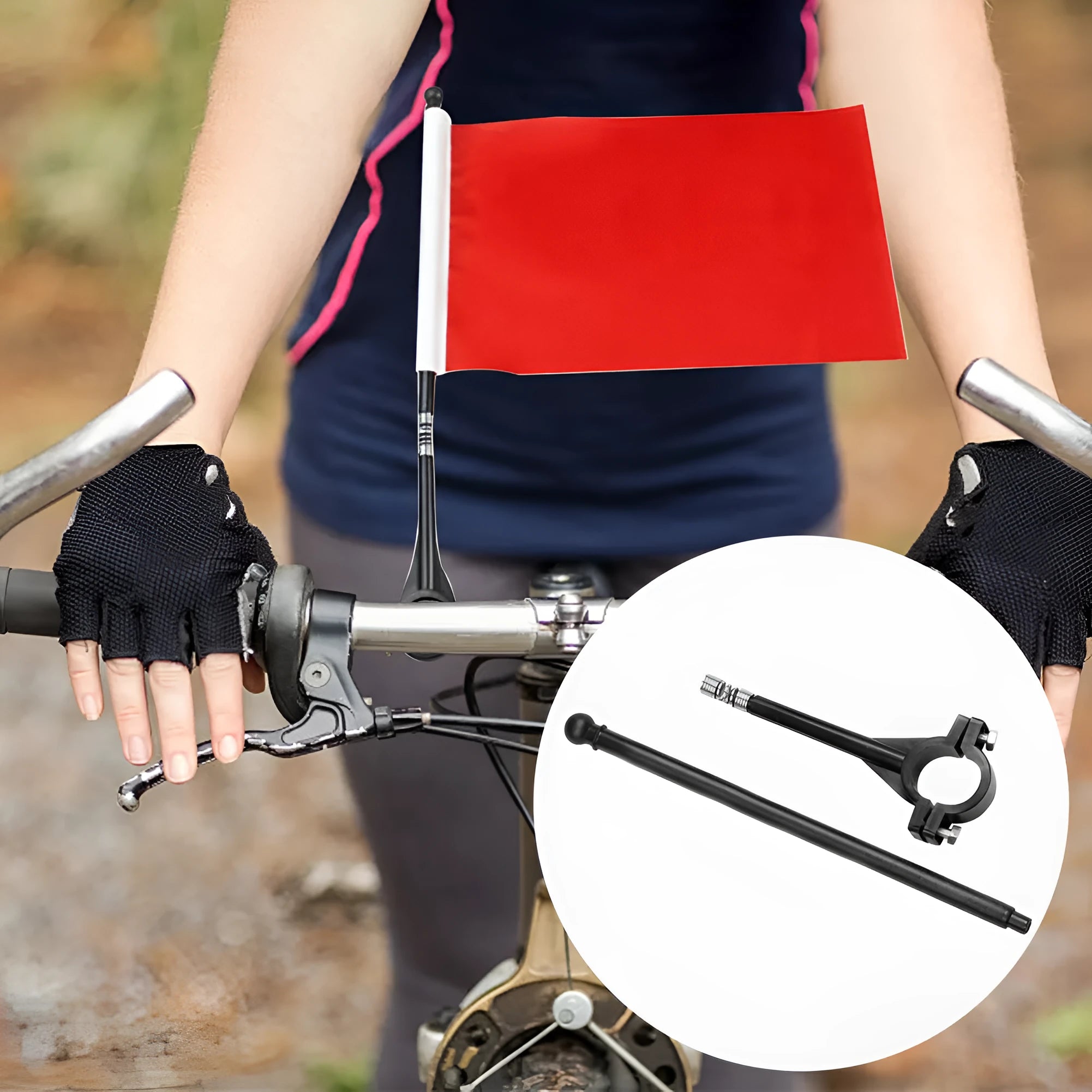 A plastic handlebar flagpole with a square polyester fabric flag attached, mounted on a bicycle.