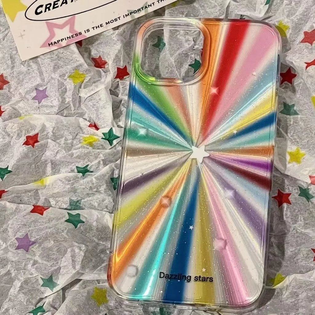 Drop-resistant rainbow star TPU phone case for Apple iPhone with transparent back and CD grain painted design