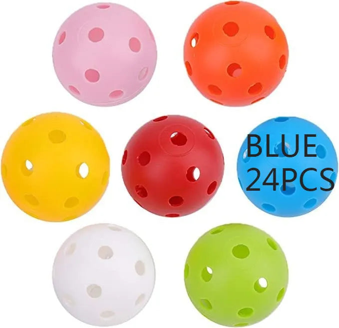 Multi-coloured golf practice balls in net storage pocket for putting training