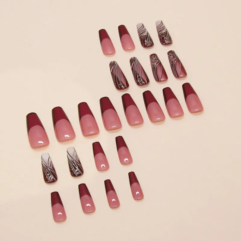 French line pattern fake nails with adhesive in 24-piece set