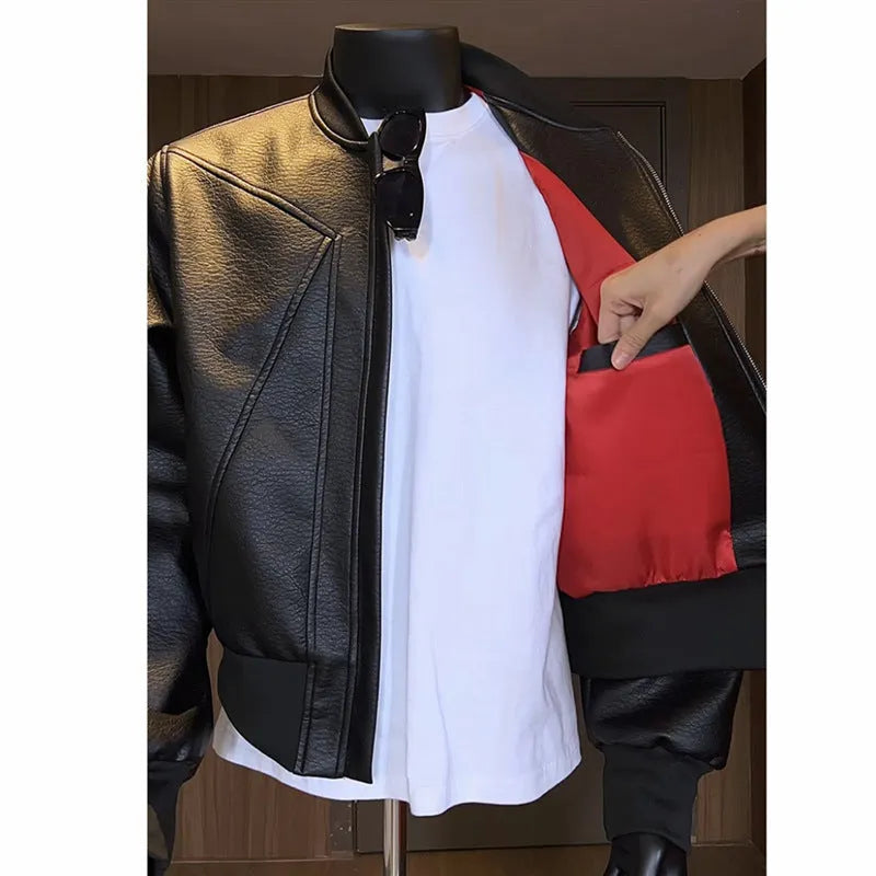 Black extended-length tight-fit PU leather jacket for men on a hanger.