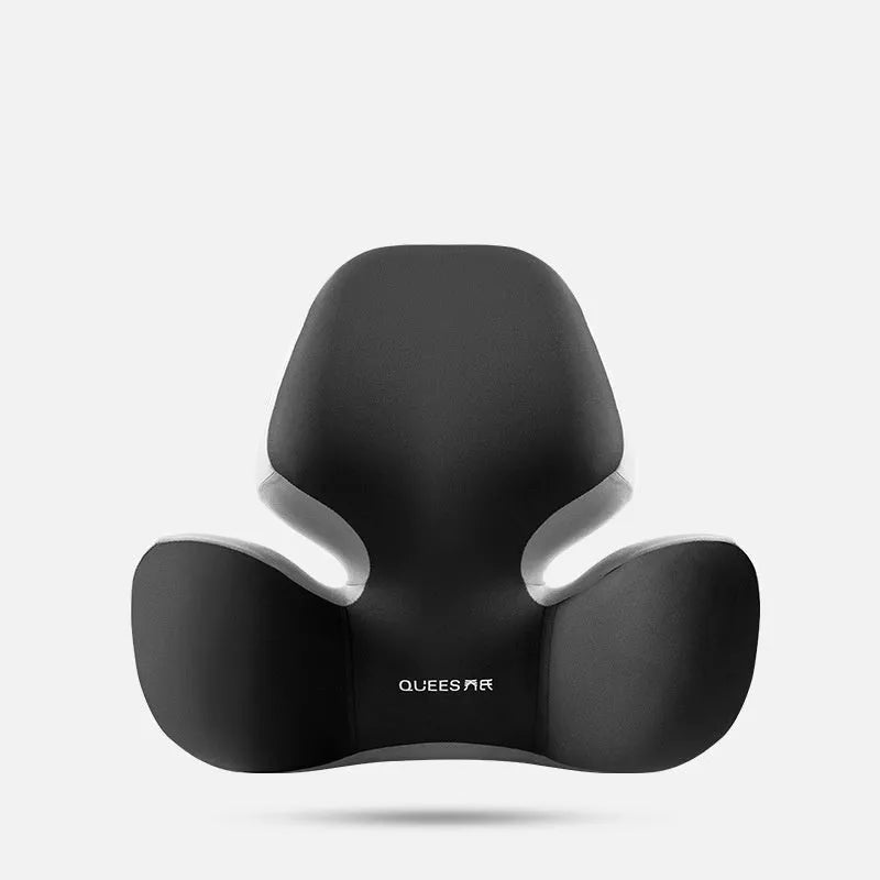 Black and grey memory foam lumbar support pillow and headrest on a car seat.