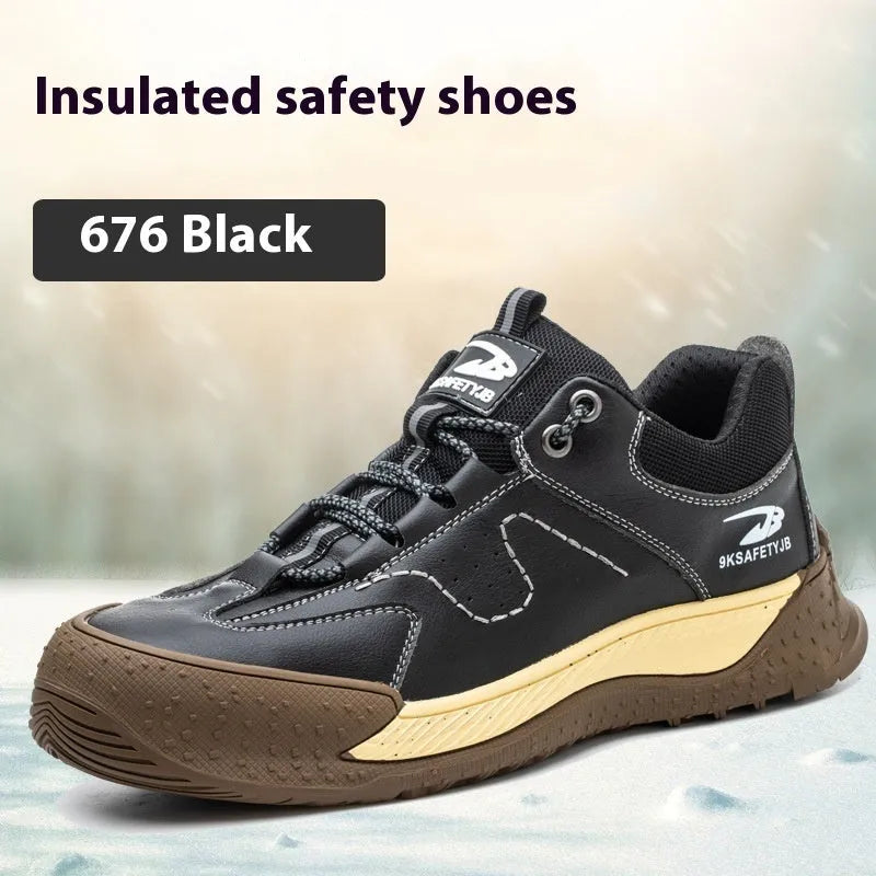 Flyknit leather work shoes with a rubber sole in black, shown on a size 42 foot.