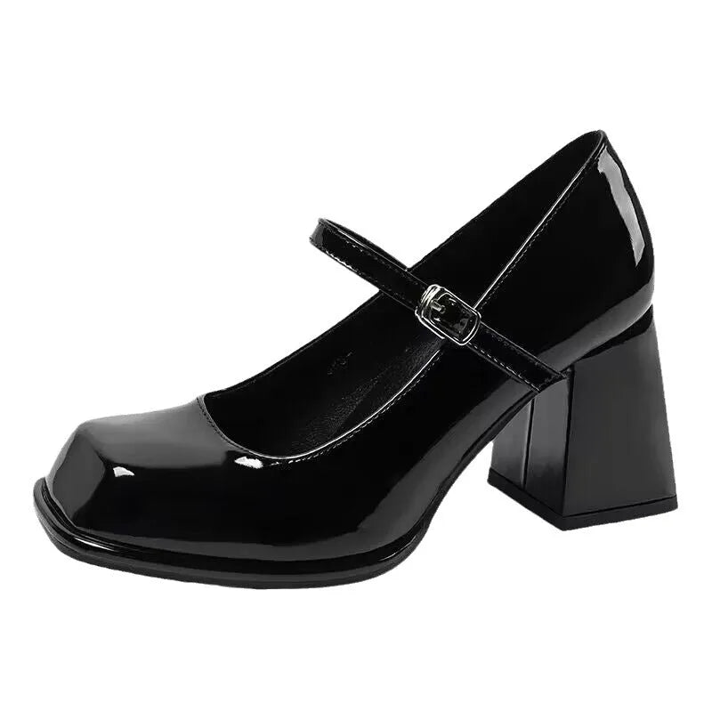 Women's retro black square toe chunky heel shoes with buckle closure and PU upper