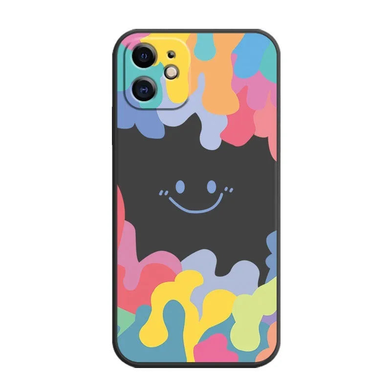 White TPU iPhone case with rainbow smiley face design and attached lanyard