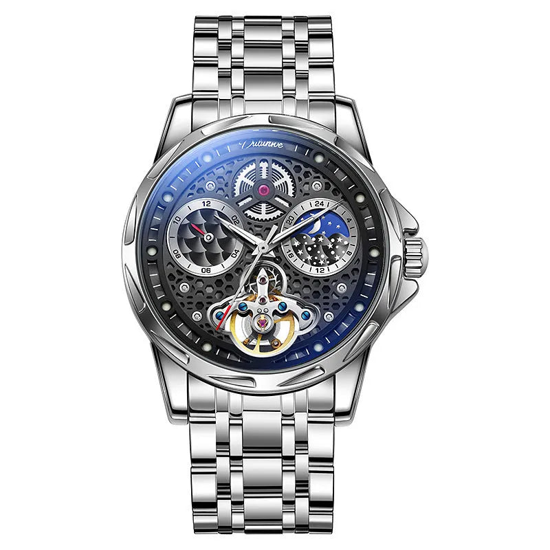 Men's automatic business watch with black stainless steel case and leather strap, luminous dial, 13mm thickness