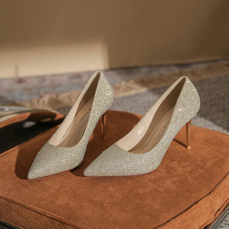 Gold crystal high heel stiletto pump with rhinestone and sequin decoration