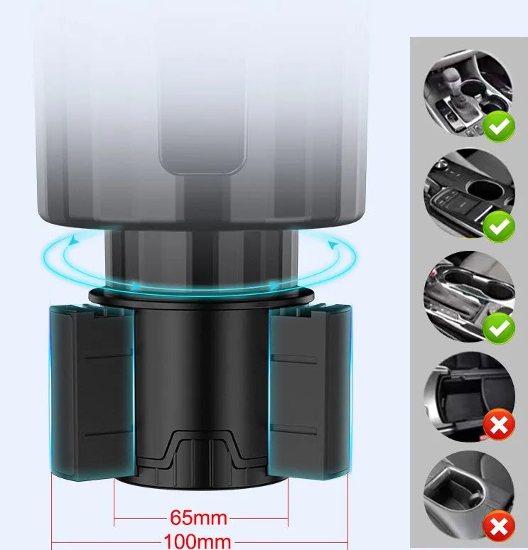 Black adjustable car cup holder expander for large drink bottles and containers.