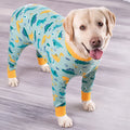 Cotton four-legged pet clothing in dinosaur design with full belly coverage, available in sizes 26 to 38 yards