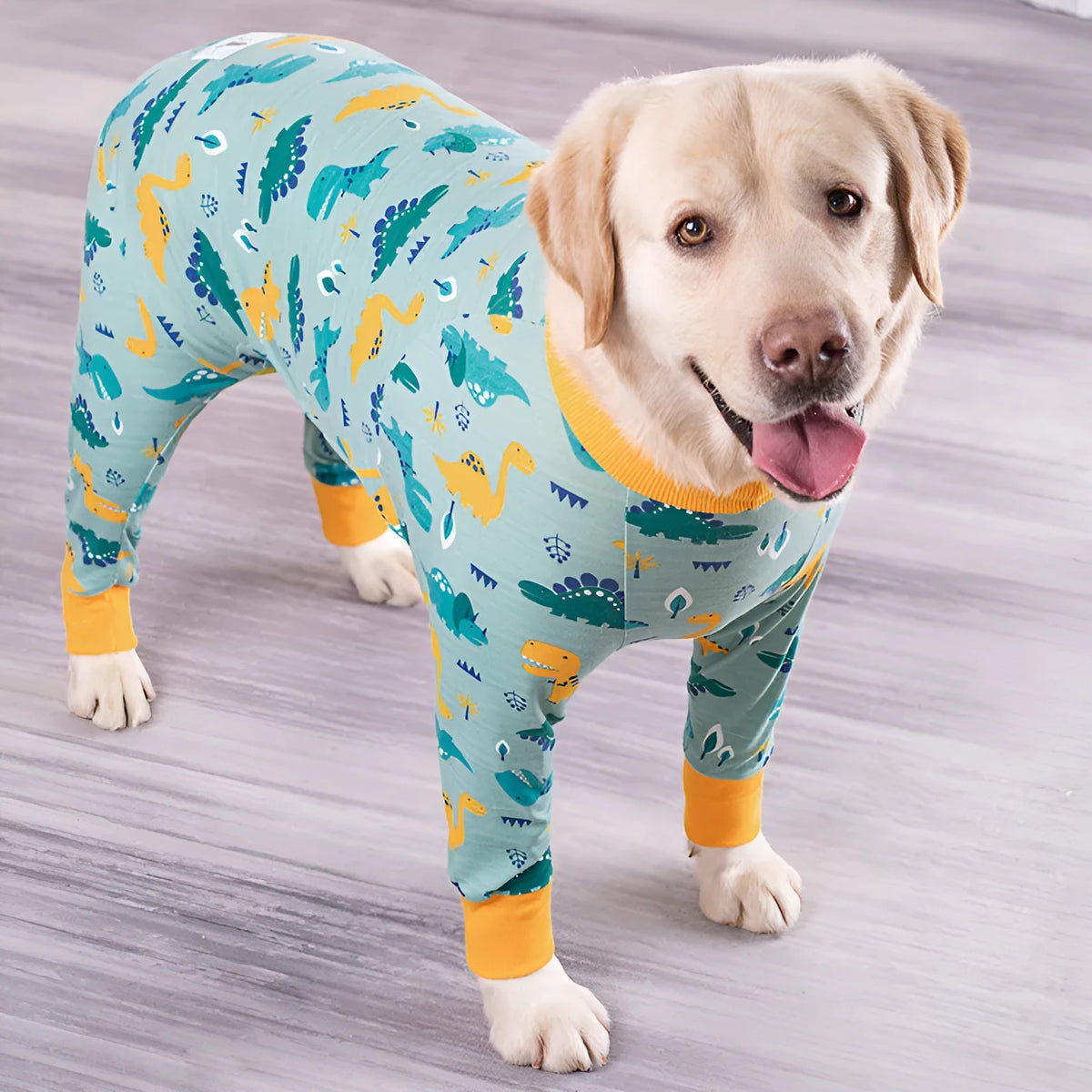 Cotton four-legged pet clothing in dinosaur design with full belly coverage, available in sizes 26 to 38 yards