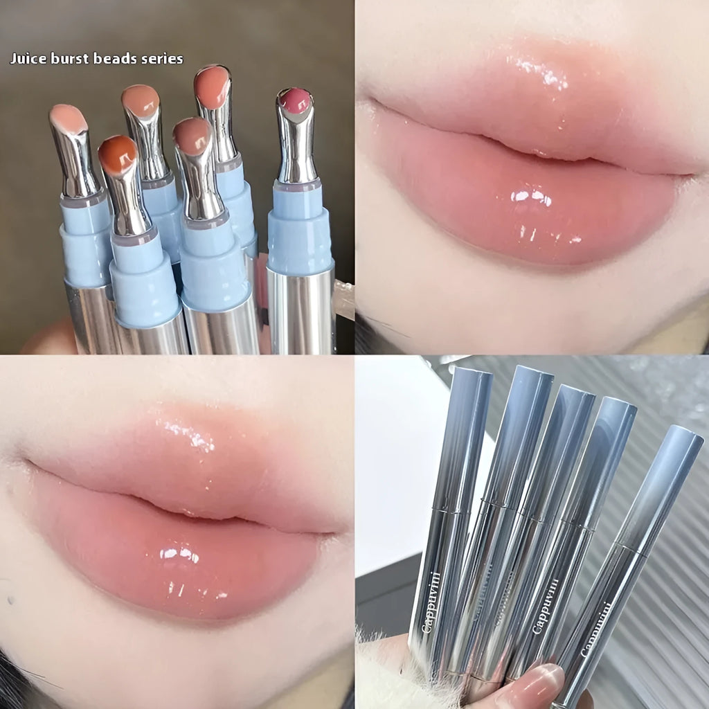 Mirror Water Light lipstick in six sheer fruit ice shades on a white background
