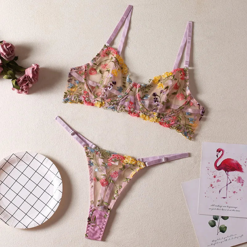 Floral mesh bra with steel ring T-back design in skin colour showing 3/4 cup construction