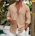 Men's loose fit casual shirt in solid colour with long sleeves and lapel collar
