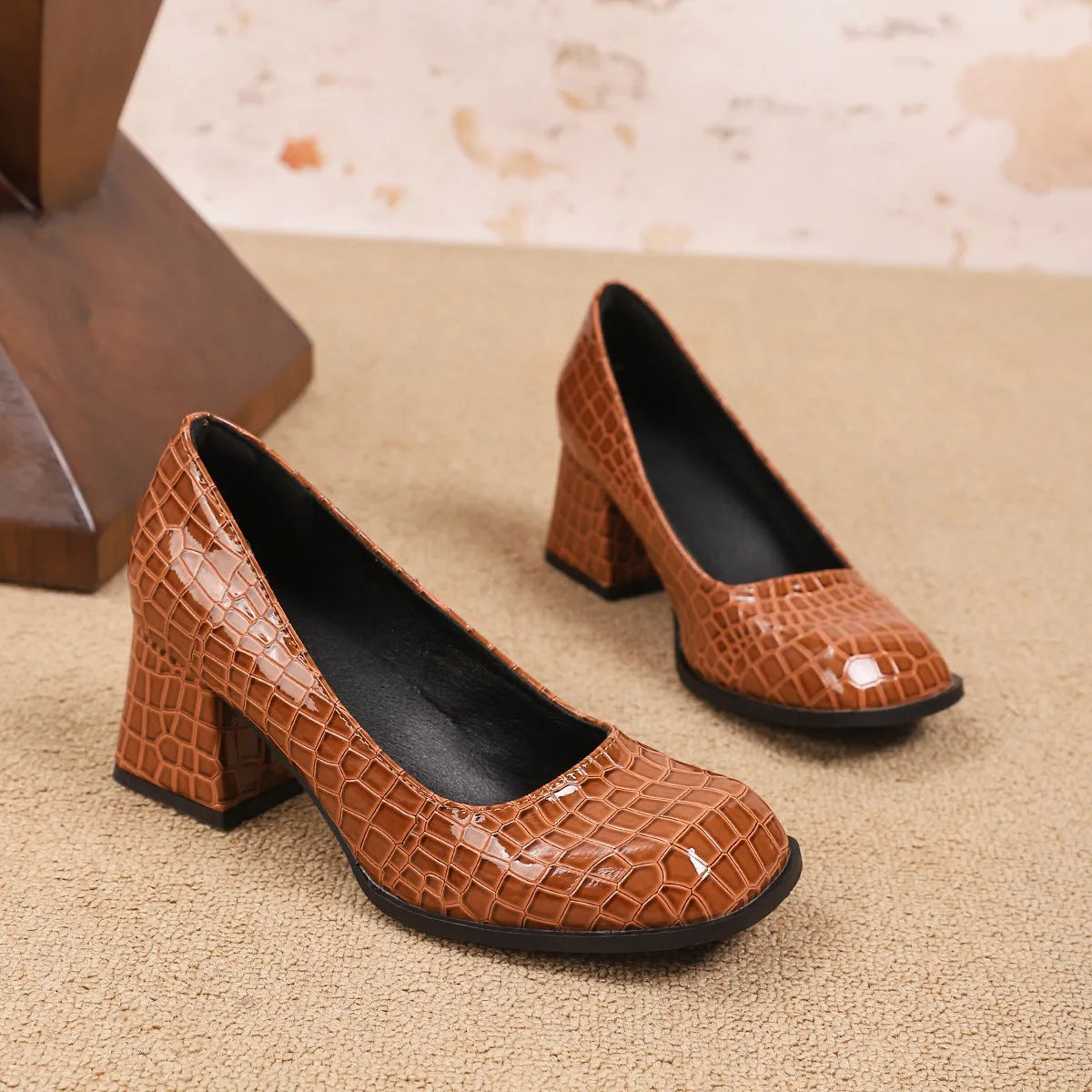 Plus size chunky heel square toe pumps in black or brown with 6-8cm short stout heel, sizes 32-45.