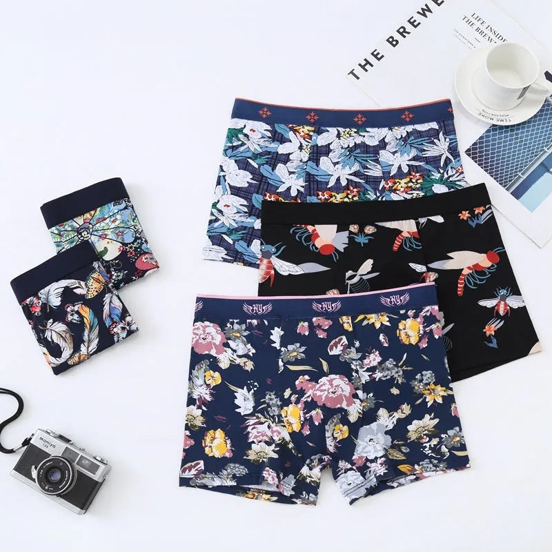Purified cotton men's boxer shorts with U-shaped pouch design in a floral pattern colour.