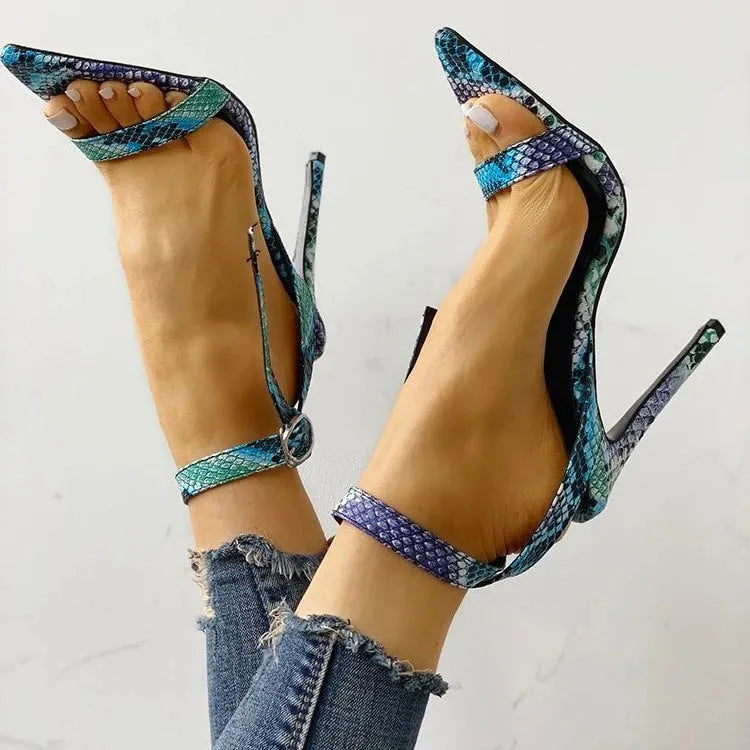 Blue women's high heel shoes with buckle closure and hollow-out design on artificial PU leather upper
