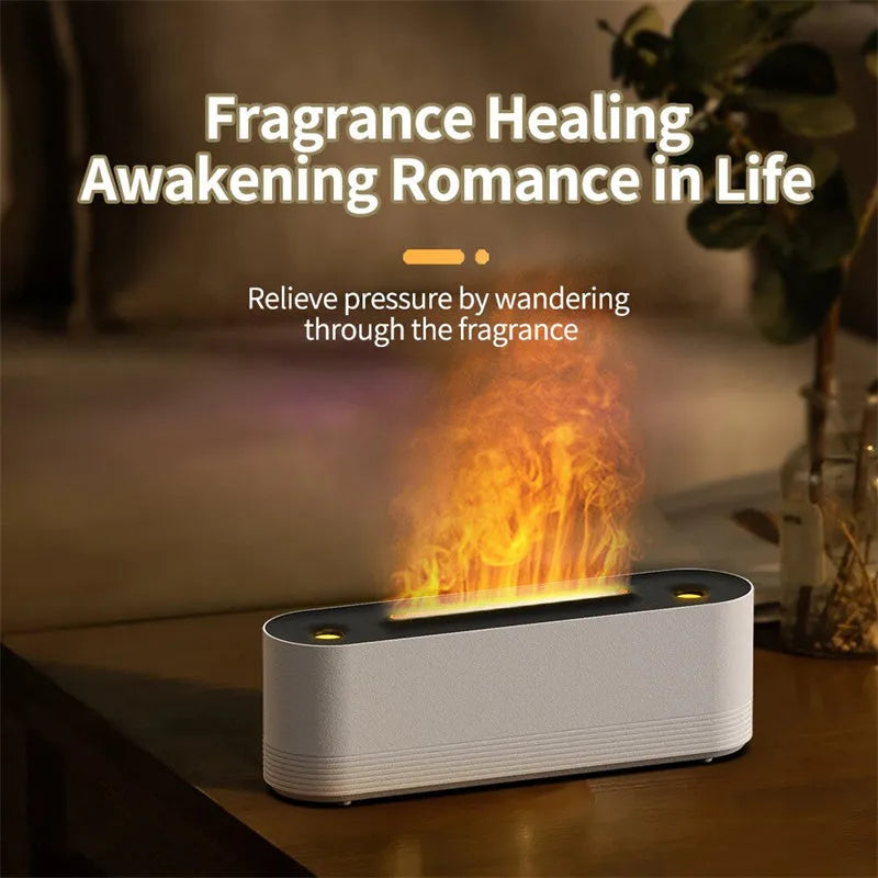 Black Flame Air ultrasonic humidifier diffuser with LED flame lights and mist output on a wooden table.