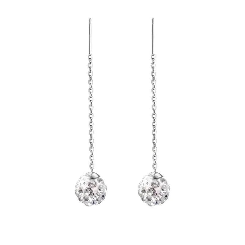 Sterling silver threader earring with an assortment of twelve hanging charms including pearls, clay balls, zircon studs, stars, and hearts.