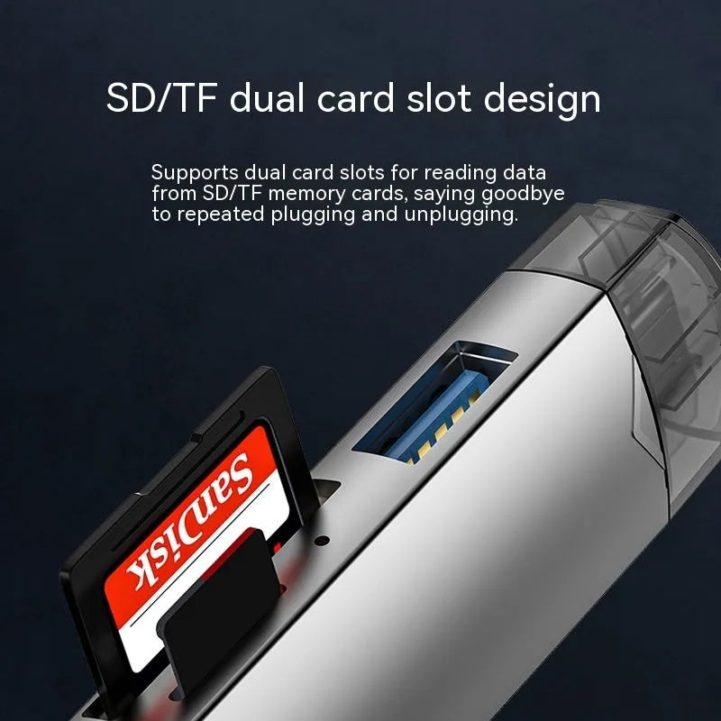 USB30 multi-functional card reader in silver aluminium alloy with SD and TF slots