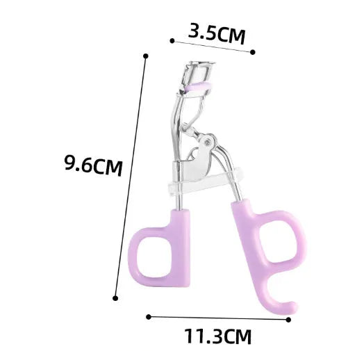 SUNFLOWER brand eyelash curler with A4 scissor handle showing pink and purple colour options