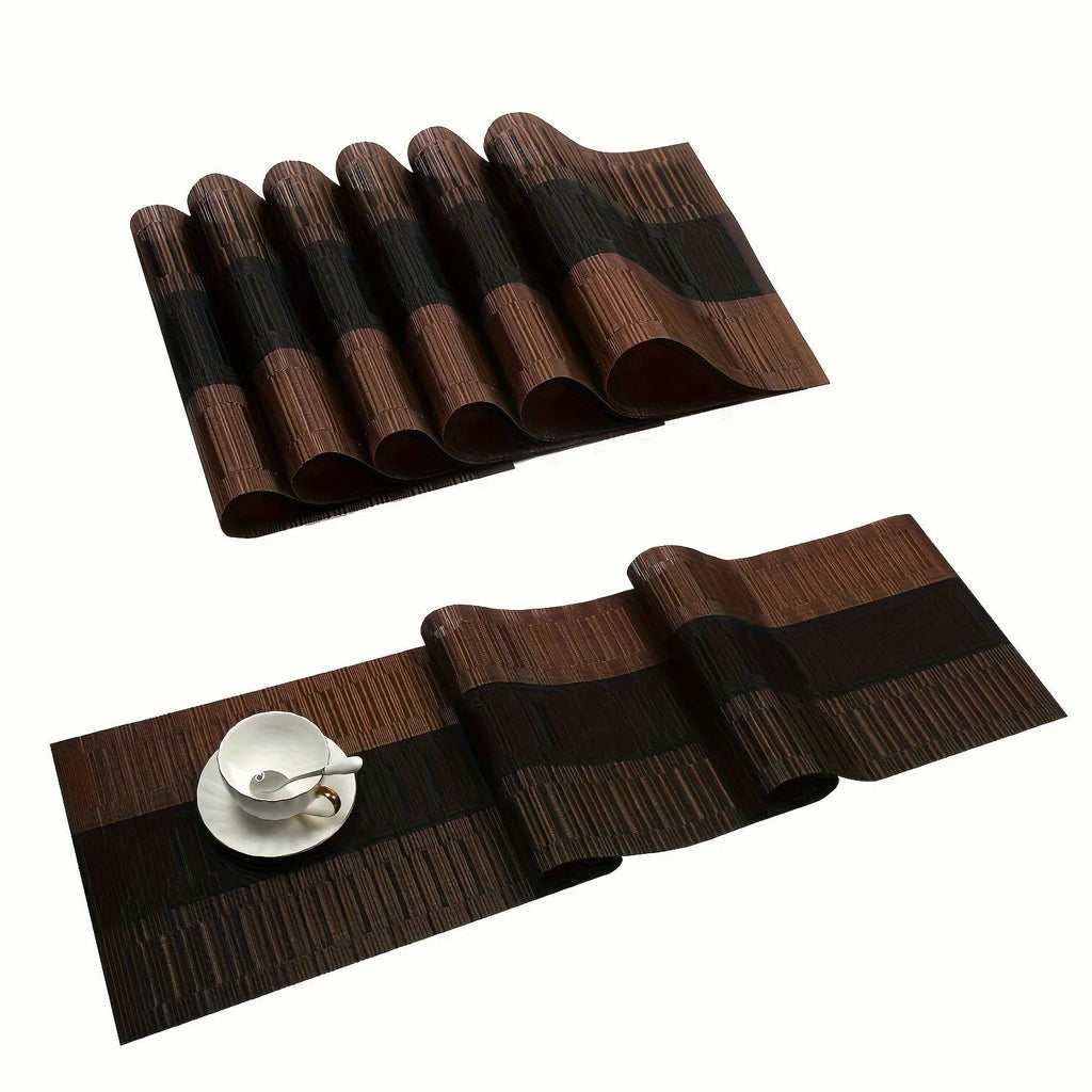 Modern simple PVC place mat in gradient bamboo pattern on a wooden table.