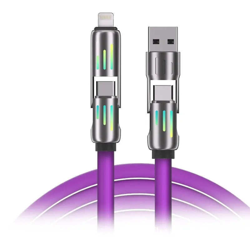 Car multifunction 240W four-in-one silicone data cable with Mini USB Lightning Micro USB TYPE-C connectors in purple
