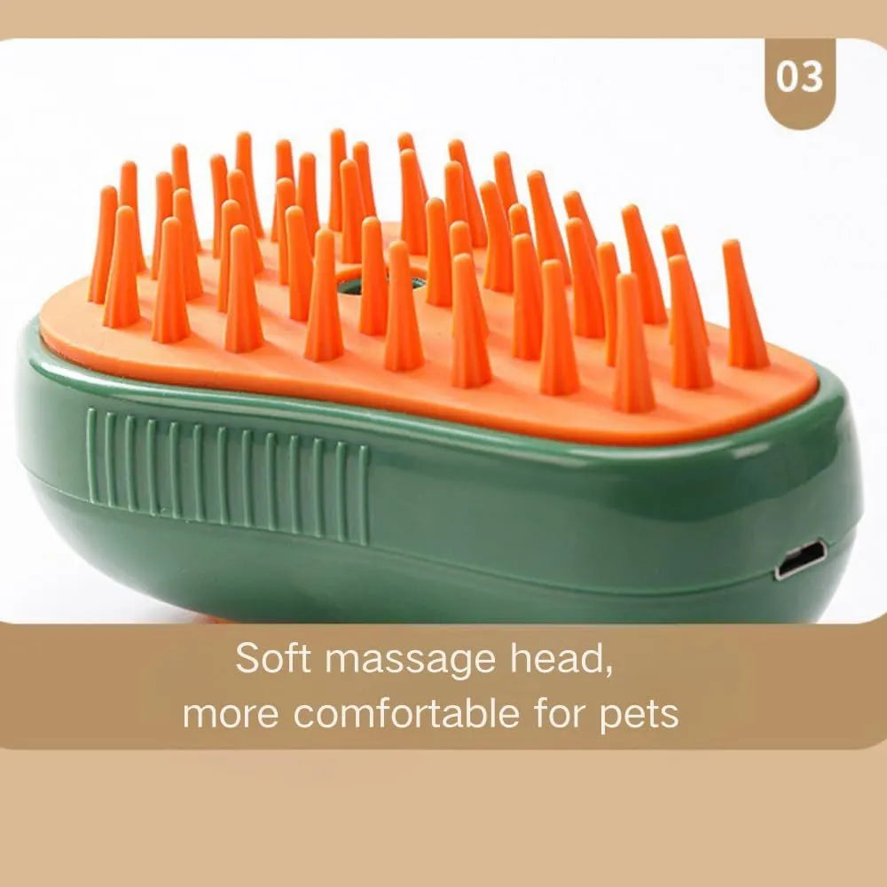 Green and white rechargeable 3-in-1 cat steam brush with silicone teeth and water spray.