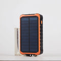 Green solar hand crank power bank with 12000mAh capacity showing USB ports and emergency LED light