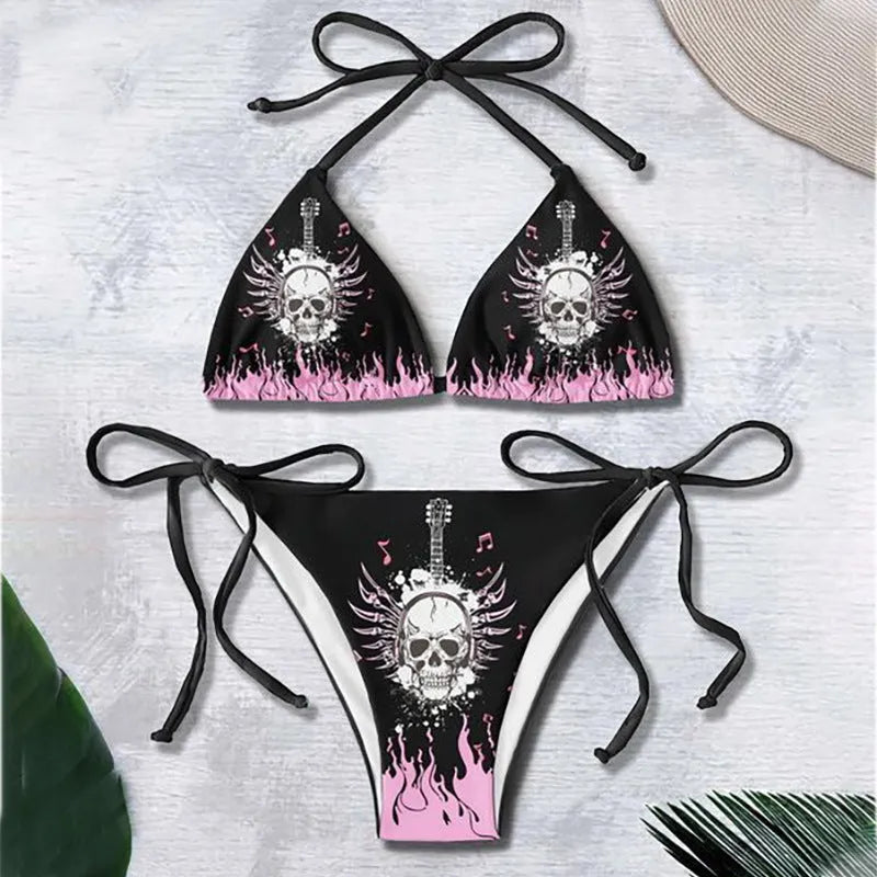 3D printed lace up bikini set for summer with graphic customisation, sleeveless top and pants in colour BAD82