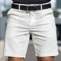 Men's solid colour straight cut polyester shorts in apricot, shown in a fifth pants length with micro-elastic fabric.