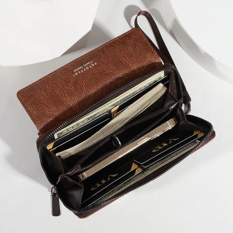 Men's PU leather wallet with multiple card slots in black, brown, and coffee colours showing compact 19cm design