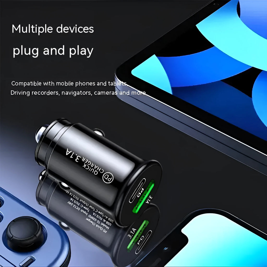 Dual USB port car charger converter for 12V/24V vehicles in black bare metal finish