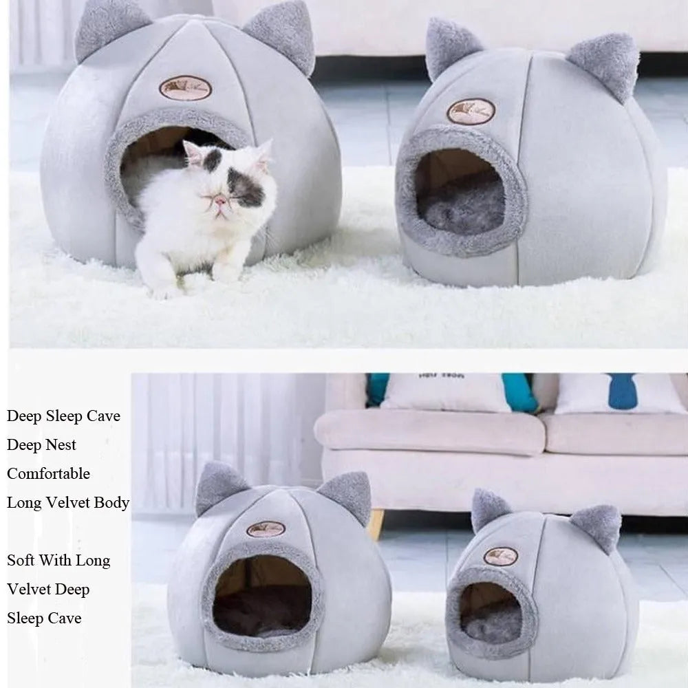 Large enclosed winter cat sofa bed with plush lining for indoor pet warmth