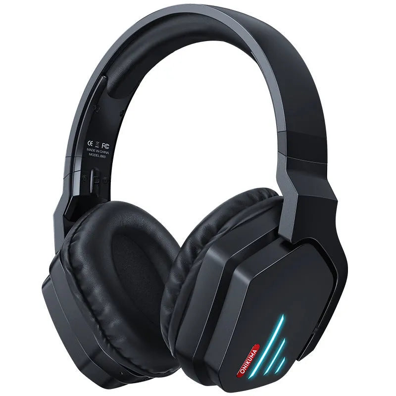 Luminous black wireless headphones with head-mounted design showing ear cups and adjustable headband