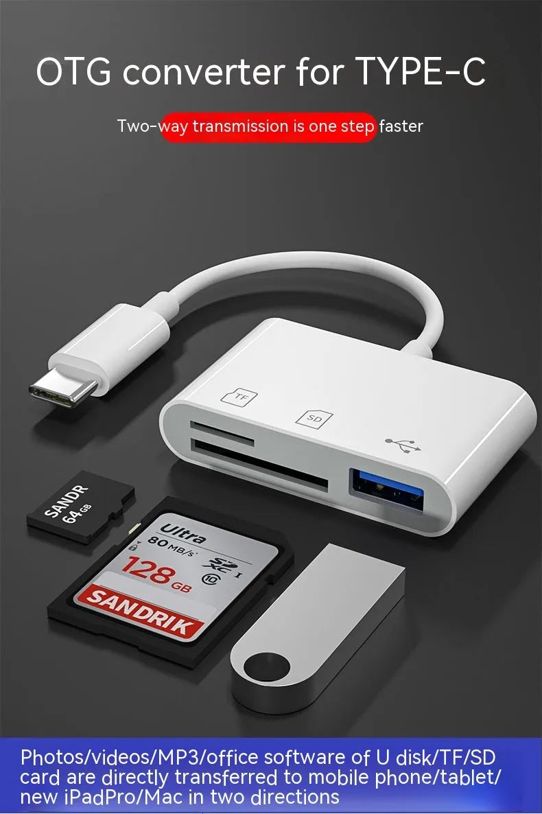 White Type C 3-in-1 adapter with USB 3.0, TF and SD slots, 15.5cm plastic shell for mobile phone